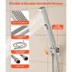 VEVOR Shower Faucet Set, 10 Inch Ceiling Mount Rainfall Shower System with 6 Inch Wall Mount Head and 2 in 1 Handheld Spray, Rotatable 3-Function Dual Rain Head Brass Valve & Trim Kit, Brushed Nickel
