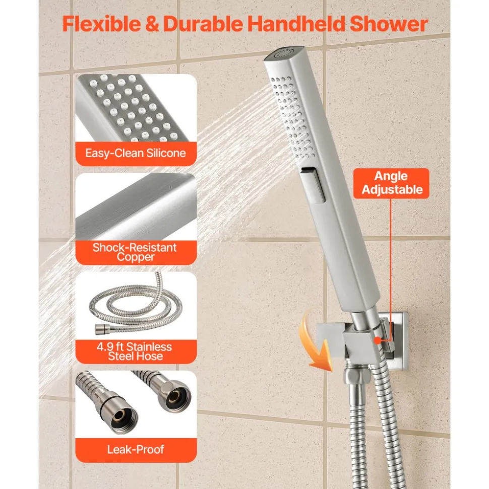 VEVOR Shower Faucet Set, 10 Inch Ceiling Mount Rainfall Shower System with 6 Inch Wall Mount Head and 2 in 1 Handheld Spray, Rotatable 3-Function Dual Rain Head Brass Valve & Trim Kit, Brushed Nickel