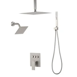 VEVOR Shower Faucet Set, 10 Inch Ceiling Mount Rainfall Shower System with 6 Inch Wall Mount Head and 2 in 1 Handheld Spray, Rotatable 3-Function Dual Rain Head Brass Valve & Trim Kit, Brushed Nickel