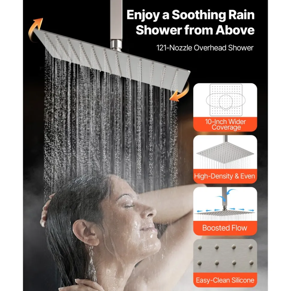 VEVOR Shower Faucet Set, 10 Inch Ceiling Mount Rainfall Shower System with 6 Inch Wall Mount Head and 2 in 1 Handheld Spray, Rotatable 3-Function Dual Rain Head Brass Valve & Trim Kit, Brushed Nickel