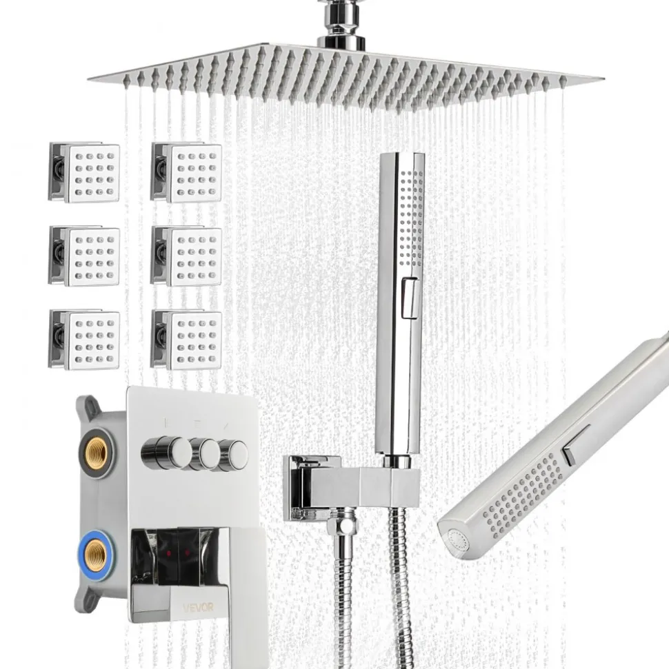 VEVOR Shower Faucet Set, 10 Inch Ceiling Mount Rainfall Shower System with 6 Body Jets and 2 in 1 Handheld Spray, Rotatable 3-Function Rain Head System Set, Complete Brass Valve and Trim Kit, Chrome