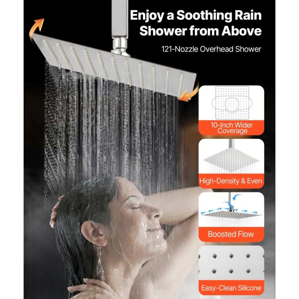 VEVOR Shower Faucet Set, 10 Inch Ceiling Mount Rainfall Shower System with 6 Body Jets and 2 in 1 Handheld Spray, Rotatable 3-Function Rain Head System Set, Complete Brass Valve and Trim Kit, Chrome