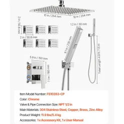 VEVOR Shower Faucet Set, 10 Inch Ceiling Mount Rainfall Shower System with 6 Body Jets and 2 in 1 Handheld Spray, Rotatable 3-Function Rain Head System Set, Complete Brass Valve and Trim Kit, Chrome