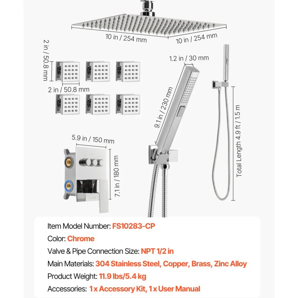 VEVOR Shower Faucet Set, 10 Inch Ceiling Mount Rainfall Shower System with 6 Body Jets and 2 in 1 Handheld Spray, Rotatable 3-Function Rain Head System Set, Complete Brass Valve and Trim Kit, Chrome