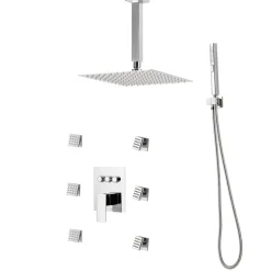VEVOR Shower Faucet Set, 10 Inch Ceiling Mount Rainfall Shower System with 6 Body Jets and 2 in 1 Handheld Spray, Rotatable 3-Function Rain Head System Set, Complete Brass Valve and Trim Kit, Chrome
