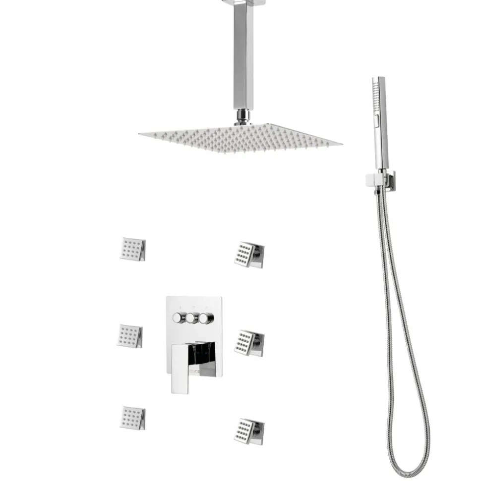 VEVOR Shower Faucet Set, 10 Inch Ceiling Mount Rainfall Shower System with 6 Body Jets and 2 in 1 Handheld Spray, Rotatable 3-Function Rain Head System Set, Complete Brass Valve and Trim Kit, Chrome
