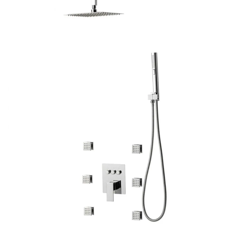 VEVOR Shower Faucet Set, 10 Inch Ceiling Mount Rainfall Shower System with 6 Body Jets and 2 in 1 Handheld Spray, Rotatable 3-Function Rain Head System Set, Complete Brass Valve and Trim Kit, Chrome