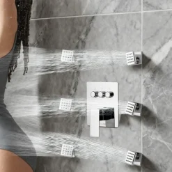 VEVOR Shower Faucet Set, 10 Inch Ceiling Mount Rainfall Shower System with 6 Body Jets and 2 in 1 Handheld Spray, Rotatable 3-Function Rain Head System Set, Complete Brass Valve and Trim Kit, Chrome