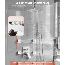VEVOR Shower Faucet Set, 10 Inch Ceiling Mount Rainfall Shower System with 6 Body Jets and 2 in 1 Handheld Spray, Rotatable 3-Function Rain Head System Set, Complete Brass Valve and Trim Kit, Chrome