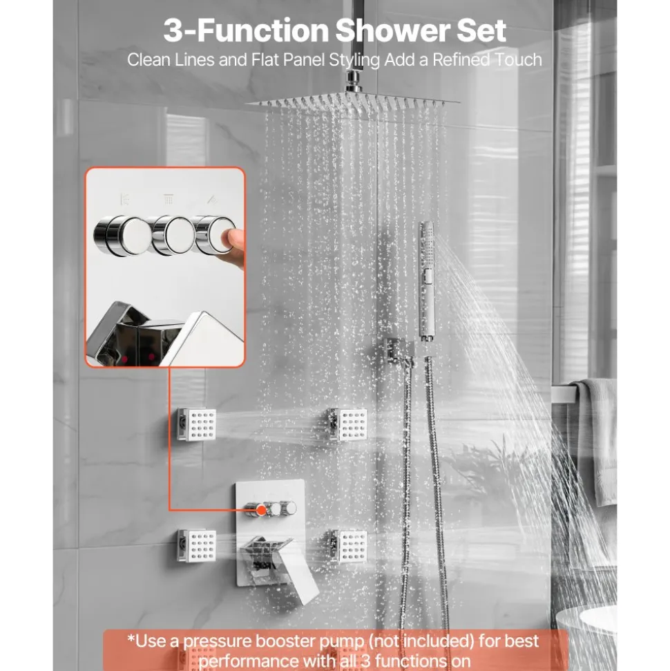 VEVOR Shower Faucet Set, 10 Inch Ceiling Mount Rainfall Shower System with 6 Body Jets and 2 in 1 Handheld Spray, Rotatable 3-Function Rain Head System Set, Complete Brass Valve and Trim Kit, Chrome