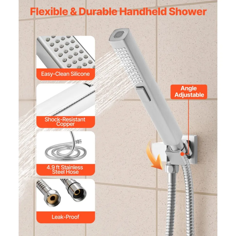 VEVOR Shower Faucet Set, 10 Inch Ceiling Mount Rainfall Shower System with 6 Body Jets and 2 in 1 Handheld Spray, Rotatable 3-Function Rain Head System Set, Complete Brass Valve and Trim Kit, Chrome