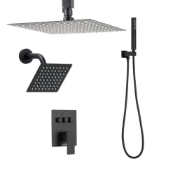 VEVOR Shower Faucet Set, 10 Inch Ceiling Mount Rainfall Shower System with 6 Inch Wall Mount Head and 2 in 1 Handheld Spray, Rotatable 3-Function Dual Rain Head Brass Valve and Trim Kit, Matte Black