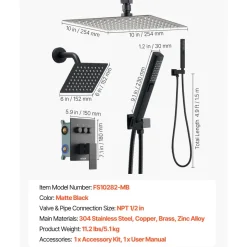 VEVOR Shower Faucet Set, 10 Inch Ceiling Mount Rainfall Shower System with 6 Inch Wall Mount Head and 2 in 1 Handheld Spray, Rotatable 3-Function Dual Rain Head Brass Valve and Trim Kit, Matte Black