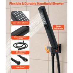VEVOR Shower Faucet Set, 10 Inch Ceiling Mount Rainfall Shower System with 6 Inch Wall Mount Head and 2 in 1 Handheld Spray, Rotatable 3-Function Dual Rain Head Brass Valve and Trim Kit, Matte Black