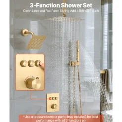 VEVOR Shower Faucet Set, 12 Inch Thermostatic Ceiling Mount Rainfall Shower System with 6 Inch Wall Mount Head and 2 in 1 Handheld Spray, 3-Function Dual Rain Head Brass Valve Trim Kit, Brushed Gold