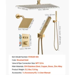 VEVOR Shower Faucet Set, 12 Inch Thermostatic Ceiling Mount Rainfall Shower System with 6 Inch Wall Mount Head and 2 in 1 Handheld Spray, 3-Function Dual Rain Head Brass Valve Trim Kit, Brushed Gold
