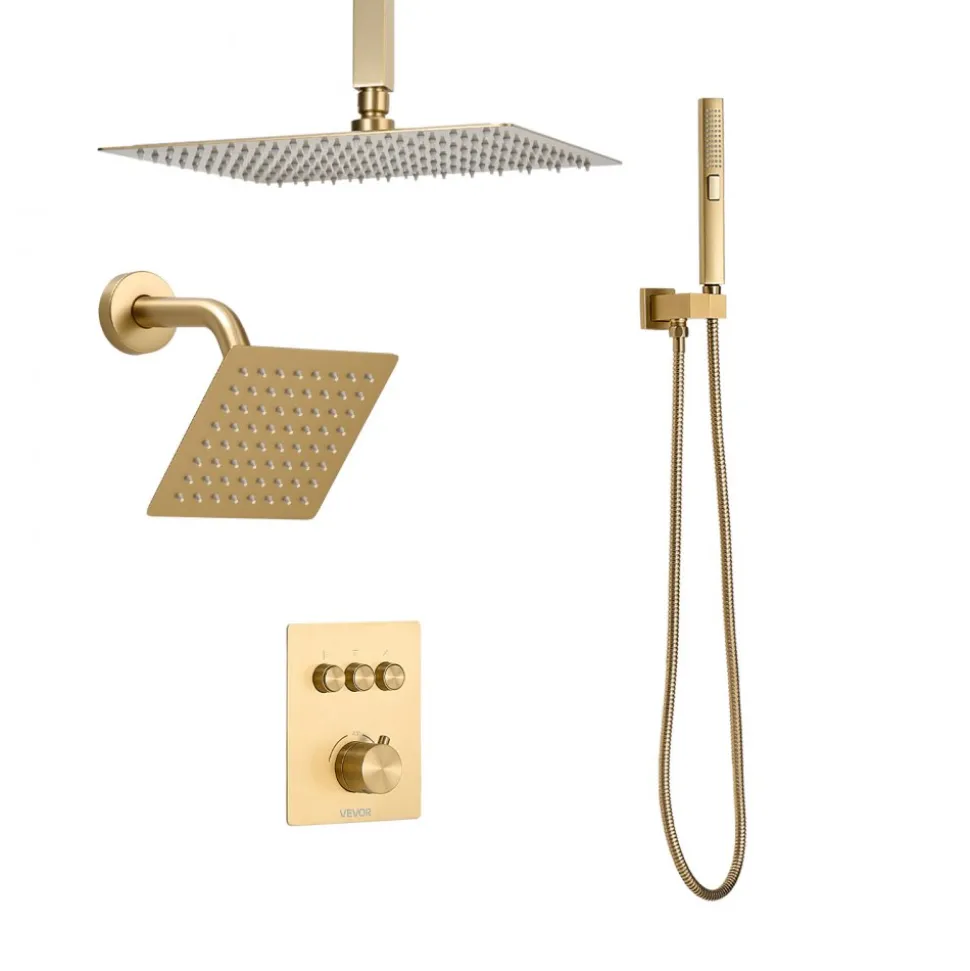 VEVOR Shower Faucet Set, 12 Inch Thermostatic Ceiling Mount Rainfall Shower System with 6 Inch Wall Mount Head and 2 in 1 Handheld Spray, 3-Function Dual Rain Head Brass Valve Trim Kit, Brushed Gold
