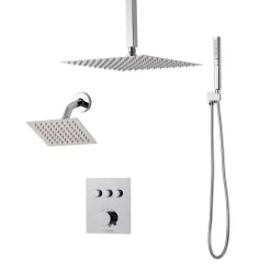 VEVOR Shower Faucet Set, 12 Inch Thermostatic Ceiling Mount Rainfall Shower System with 6 Inch Wall Mount Head and 2 in 1 Handheld Spray, 3-Function Dual Rain Head Brass Valve and Trim Kit, Chrome