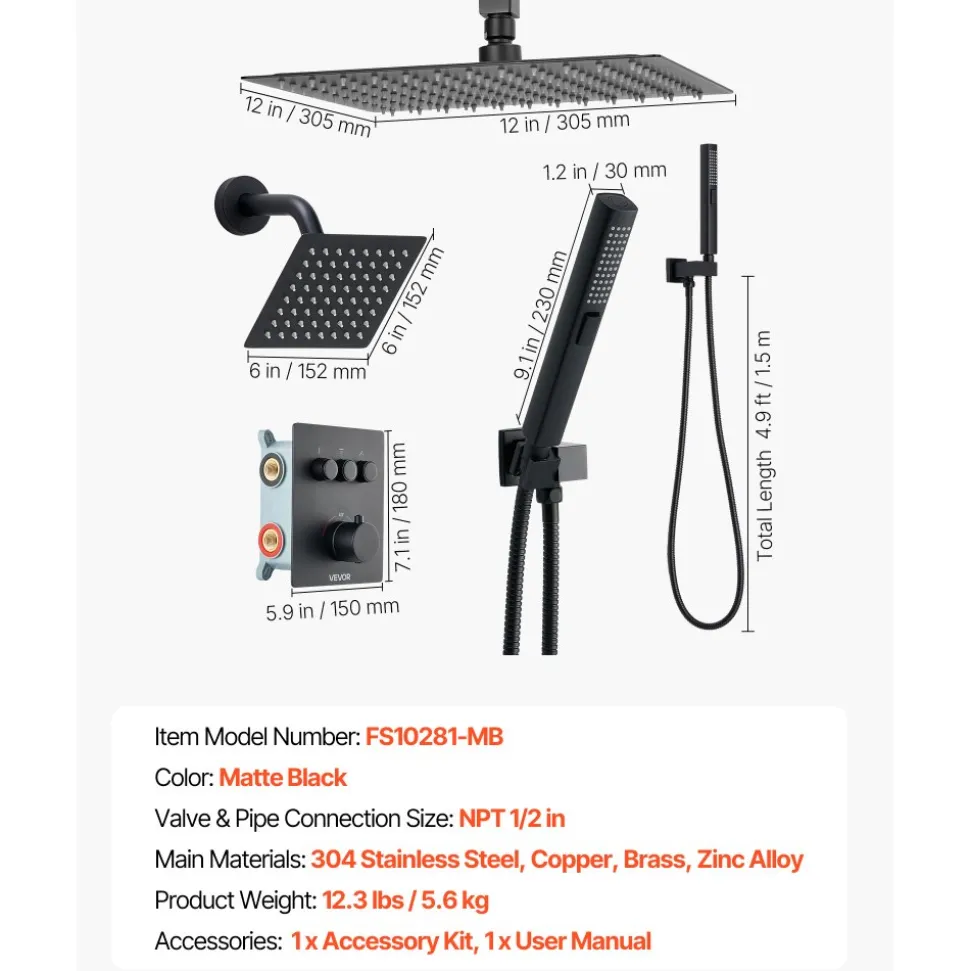 VEVOR Shower Faucet Set, 12 Inch Thermostatic Ceiling Mount Rainfall Shower System with 6 Inch Wall Mount Head and 2 in 1 Handheld Spray, 3-Function Dual Rain Head Brass Valve & Trim Kit, Matte Black