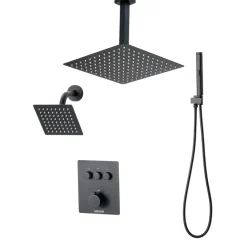 VEVOR Shower Faucet Set, 12 Inch Thermostatic Ceiling Mount Rainfall Shower System with 6 Inch Wall Mount Head and 2 in 1 Handheld Spray, 3-Function Dual Rain Head Brass Valve & Trim Kit, Matte Black