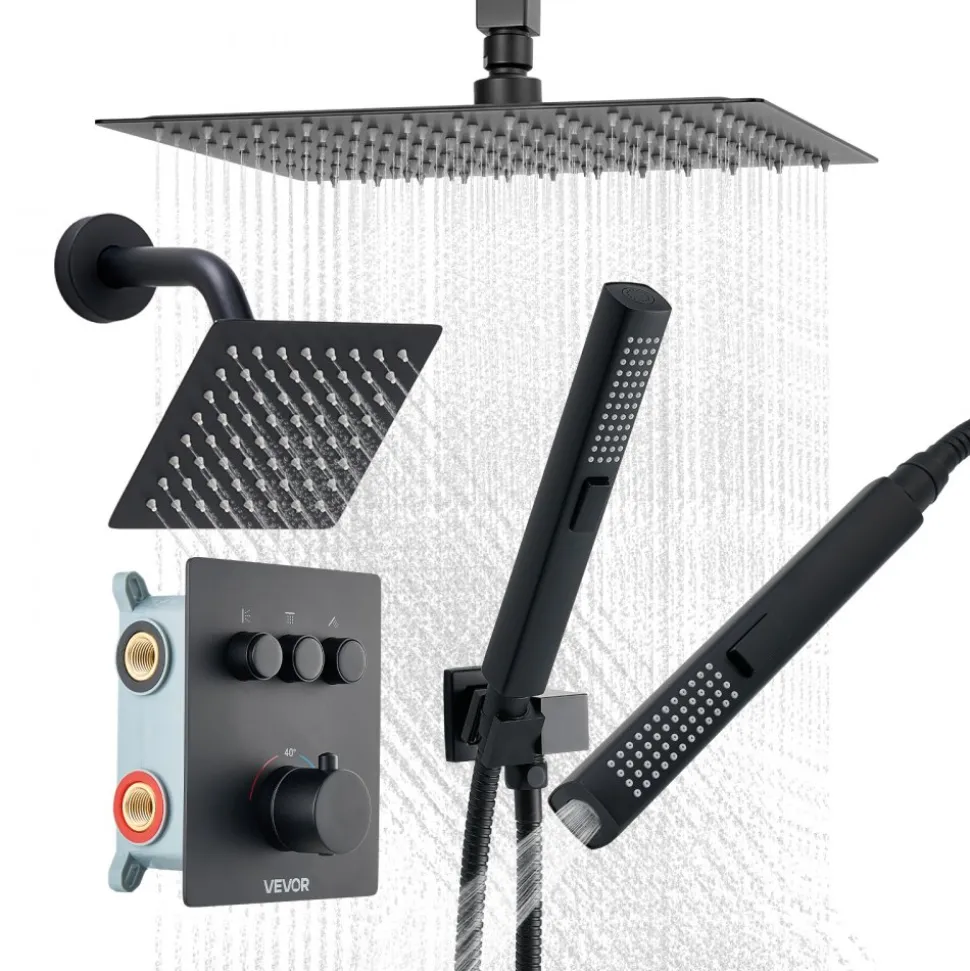 VEVOR Shower Faucet Set, 12 Inch Thermostatic Ceiling Mount Rainfall Shower System with 6 Inch Wall Mount Head and 2 in 1 Handheld Spray, 3-Function Dual Rain Head Brass Valve & Trim Kit, Matte Black