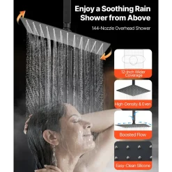 VEVOR Shower Faucet Set, 12 Inch Thermostatic Ceiling Mount Rainfall Shower System with 6 Inch Wall Mount Head and 2 in 1 Handheld Spray, 3-Function Dual Rain Head Brass Valve & Trim Kit, Matte Black