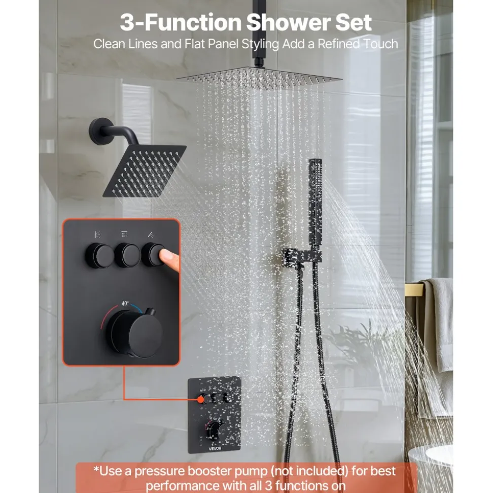 VEVOR Shower Faucet Set, 12 Inch Thermostatic Ceiling Mount Rainfall Shower System with 6 Inch Wall Mount Head and 2 in 1 Handheld Spray, 3-Function Dual Rain Head Brass Valve & Trim Kit, Matte Black