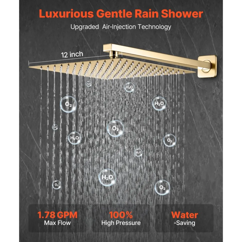 VEVOR Shower Faucet Set, Rainfall Bathroom Shower System with 12-Inch Square Rain Shower Head and Handheld Spray, Wall Mounted Bath Fixtures with Brass Valve and Trim Kit, Brushed Gold