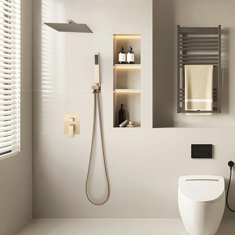 VEVOR Shower Faucet Set, Rainfall Bathroom Shower System with 12-Inch Square Rain Shower Head and Handheld Spray, Wall Mounted Bath Fixtures with Brass Valve and Trim Kit, Brushed Gold
