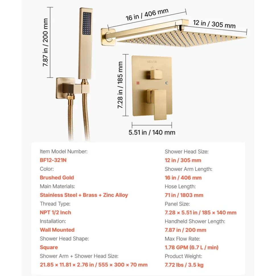 VEVOR Shower Faucet Set, Rainfall Bathroom Shower System with 12-Inch Square Rain Shower Head and Handheld Spray, Wall Mounted Bath Fixtures with Brass Valve and Trim Kit, Brushed Gold