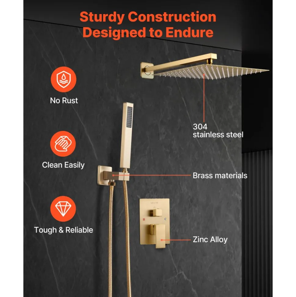 VEVOR Shower Faucet Set, Rainfall Bathroom Shower System with 12-Inch Square Rain Shower Head and Handheld Spray, Wall Mounted Bath Fixtures with Brass Valve and Trim Kit, Brushed Gold