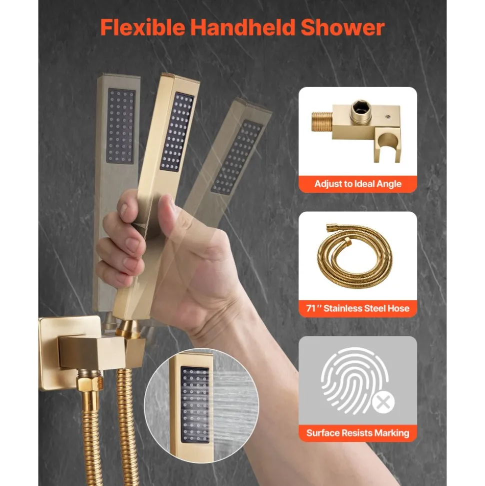 VEVOR Shower Faucet Set, Rainfall Bathroom Shower System with 12-Inch Square Rain Shower Head and Handheld Spray, Wall Mounted Bath Fixtures with Brass Valve and Trim Kit, Brushed Gold
