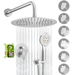VEVOR Shower Faucet Set, Rainfall Bathroom Shower System with 10-Inch Round Rain Shower Head and Handheld Spray, Wall Mounted Bath Fixtures with Brass Valve and Trim Kit, Brushed Nickel
