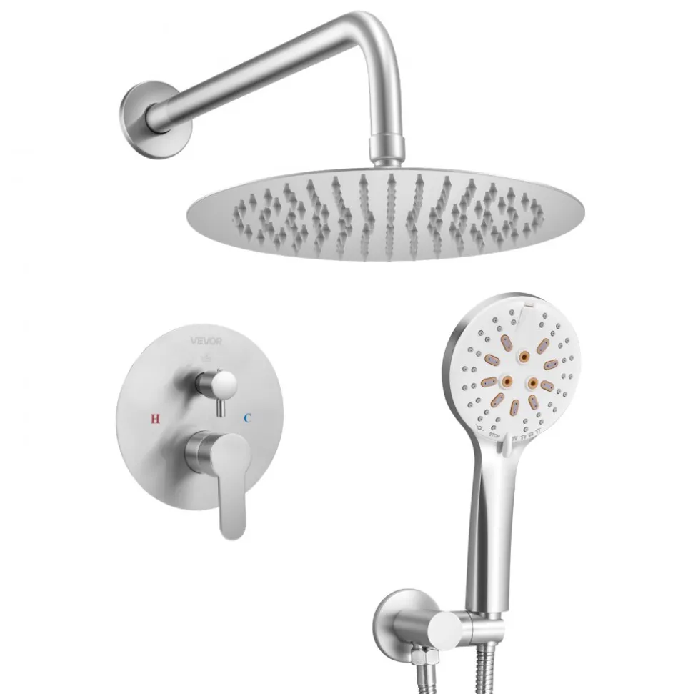 VEVOR Shower Faucet Set, Rainfall Bathroom Shower System with 10-Inch Round Rain Shower Head and Handheld Spray, Wall Mounted Bath Fixtures with Brass Valve and Trim Kit, Brushed Nickel