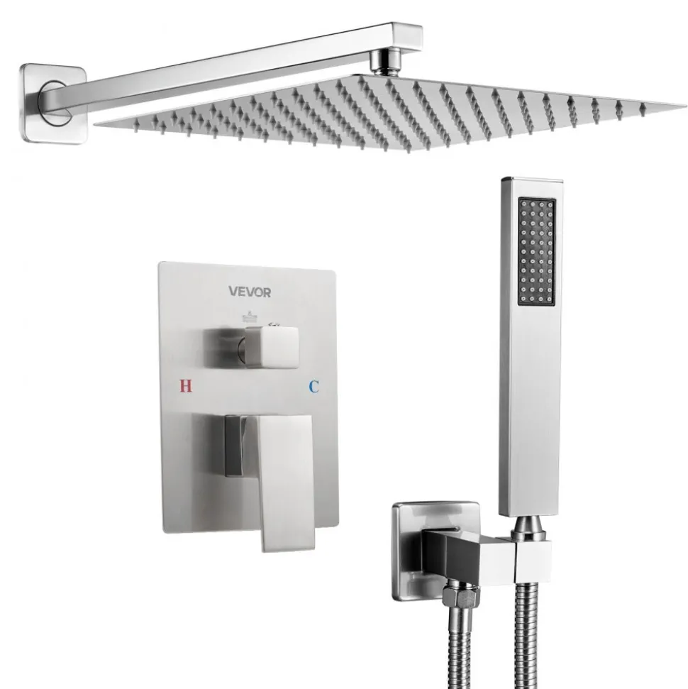 VEVOR Shower Faucet Set, Rainfall Bathroom Shower System with 12-Inch Square Rain Shower Head and Handheld Spray, Wall Mounted Bath Fixtures with Brass Valve and Trim Kit, Brushed Nickel