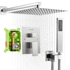 VEVOR Shower Faucet Set, Rainfall Bathroom Shower System with 12-Inch Square Rain Shower Head and Handheld Spray, Wall Mounted Bath Fixtures with Brass Valve and Trim Kit, Brushed Nickel