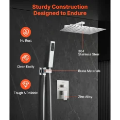VEVOR Shower Faucet Set, Rainfall Bathroom Shower System with 12-Inch Square Rain Shower Head and Handheld Spray, Wall Mounted Bath Fixtures with Brass Valve and Trim Kit, Brushed Nickel