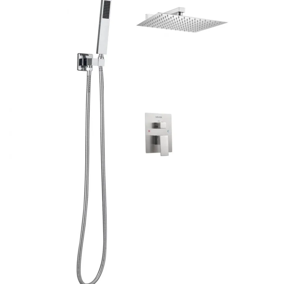 VEVOR Shower Faucet Set, Rainfall Bathroom Shower System with 12-Inch Square Rain Shower Head and Handheld Spray, Wall Mounted Bath Fixtures with Brass Valve and Trim Kit, Brushed Nickel