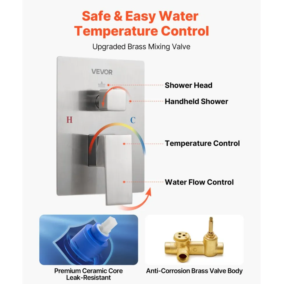 VEVOR Shower Faucet Set, Rainfall Bathroom Shower System with 12-Inch Square Rain Shower Head and Handheld Spray, Wall Mounted Bath Fixtures with Brass Valve and Trim Kit, Brushed Nickel