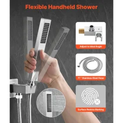 VEVOR Shower Faucet Set, Rainfall Bathroom Shower System with 12-Inch Square Rain Shower Head and Handheld Spray, Wall Mounted Bath Fixtures with Brass Valve and Trim Kit, Brushed Nickel