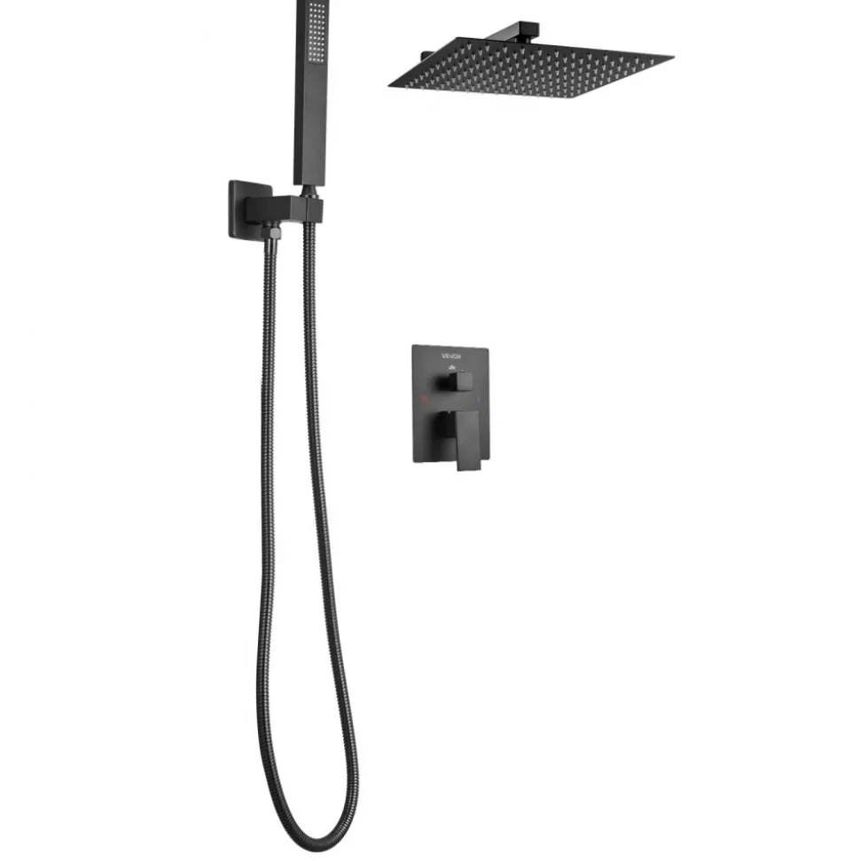 VEVOR Shower Faucet Set, Rainfall Bathroom Shower System with 12-Inch Square Rain Shower Head and Handheld Spray, Wall Mounted Bath Fixtures with Brass Valve and Trim Kit, Matte Black