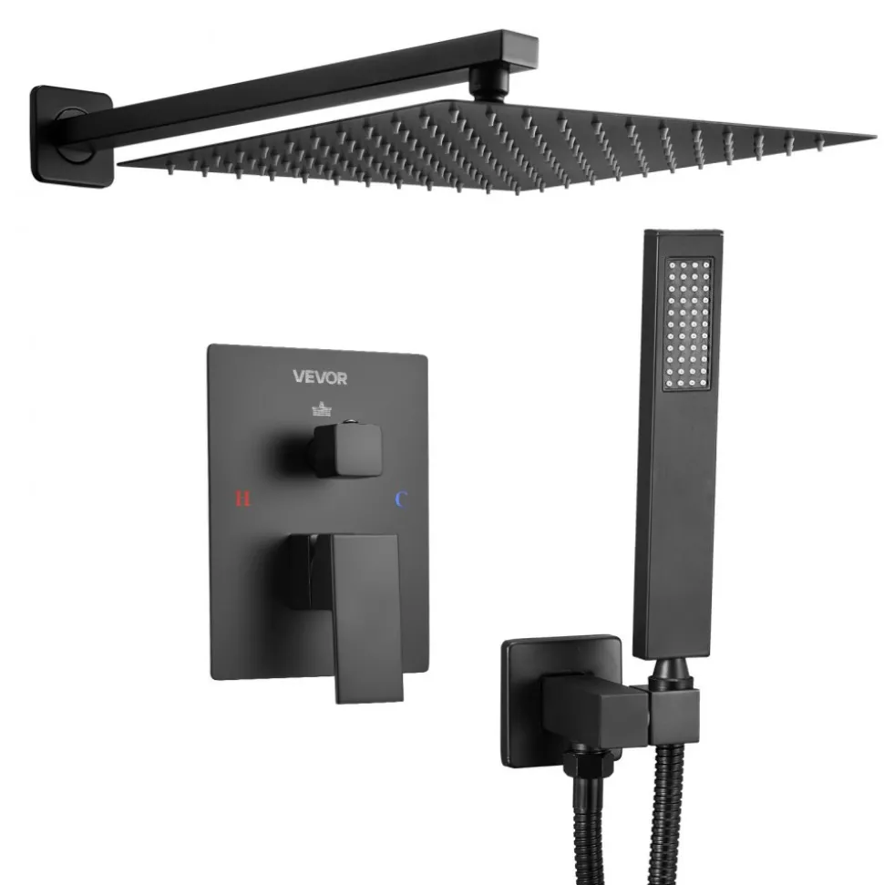 VEVOR Shower Faucet Set, Rainfall Bathroom Shower System with 12-Inch Square Rain Shower Head and Handheld Spray, Wall Mounted Bath Fixtures with Brass Valve and Trim Kit, Matte Black