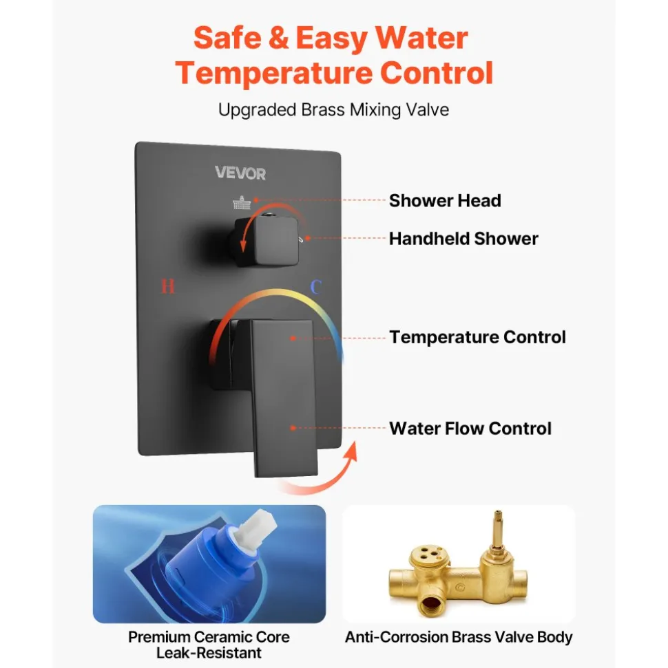 VEVOR Shower Faucet Set, Rainfall Bathroom Shower System with 12-Inch Square Rain Shower Head and Handheld Spray, Wall Mounted Bath Fixtures with Brass Valve and Trim Kit, Matte Black