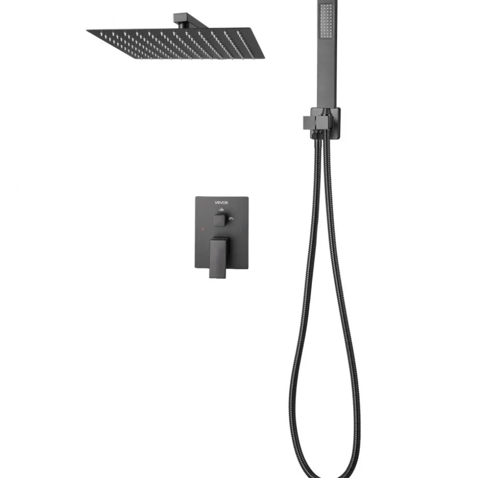 VEVOR Shower Faucet Set, Rainfall Bathroom Shower System with 12-Inch Square Rain Shower Head and Handheld Spray, Wall Mounted Bath Fixtures with Brass Valve and Trim Kit, Matte Black