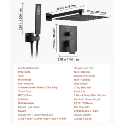 VEVOR Shower Faucet Set, Rainfall Bathroom Shower System with 12-Inch Square Rain Shower Head and Handheld Spray, Wall Mounted Bath Fixtures with Brass Valve and Trim Kit, Matte Black