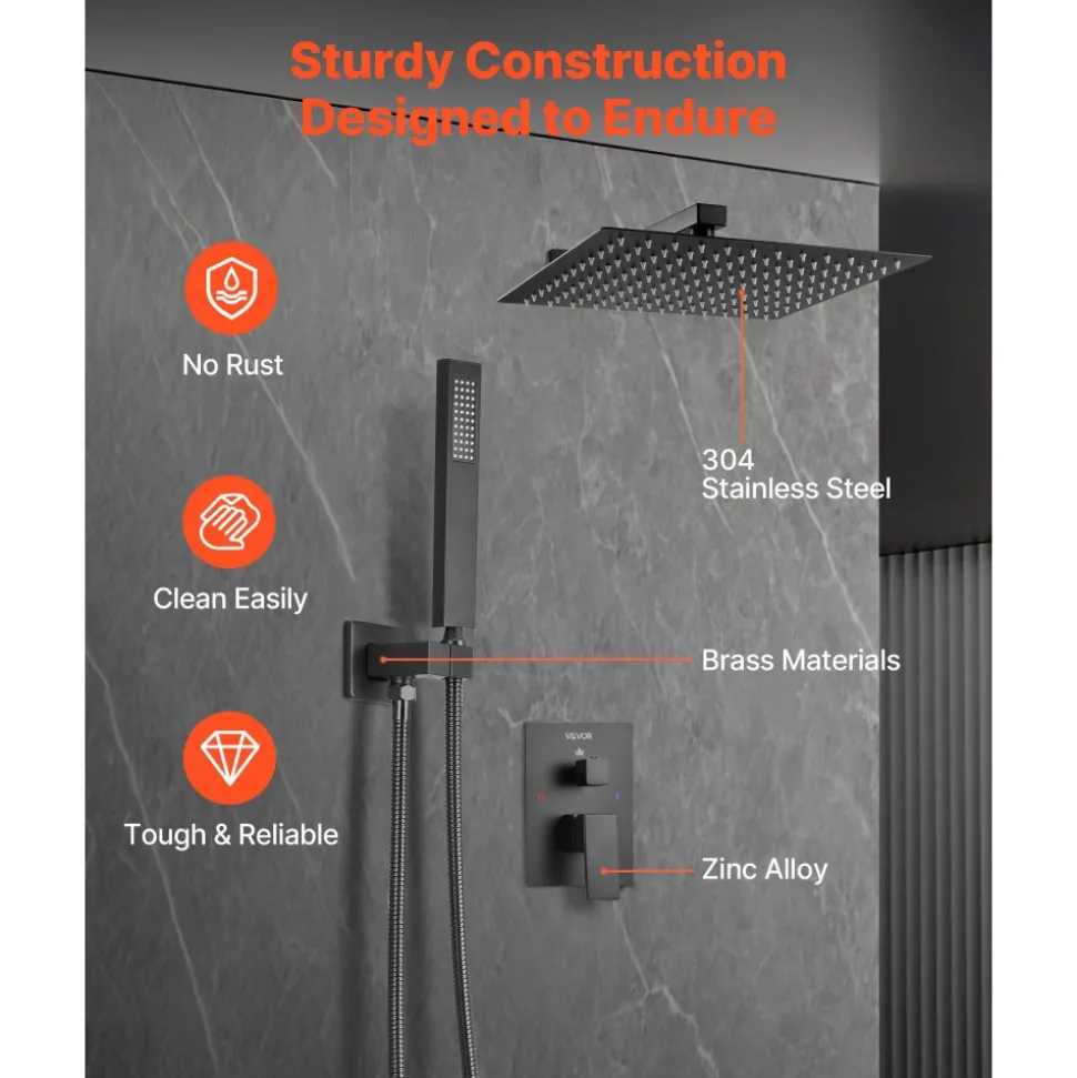 VEVOR Shower Faucet Set, Rainfall Bathroom Shower System with 12-Inch Square Rain Shower Head and Handheld Spray, Wall Mounted Bath Fixtures with Brass Valve and Trim Kit, Matte Black