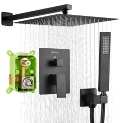 VEVOR Shower Faucet Set, Rainfall Bathroom Shower System with 12-Inch Square Rain Shower Head and Handheld Spray, Wall Mounted Bath Fixtures with Brass Valve and Trim Kit, Matte Black
