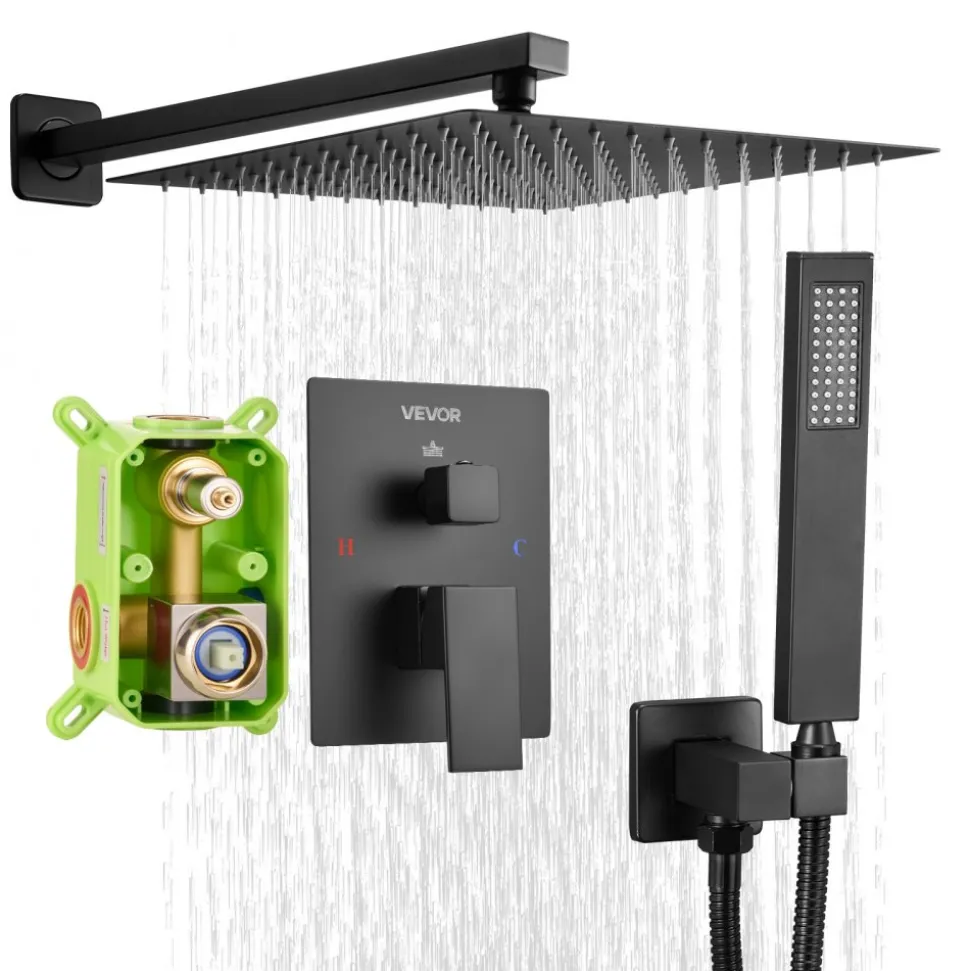 VEVOR Shower Faucet Set, Rainfall Bathroom Shower System with 12-Inch Square Rain Shower Head and Handheld Spray, Wall Mounted Bath Fixtures with Brass Valve and Trim Kit, Matte Black