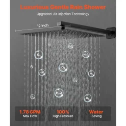 VEVOR Shower Faucet Set, Rainfall Bathroom Shower System with 12-Inch Square Rain Shower Head and Handheld Spray, Wall Mounted Bath Fixtures with Brass Valve and Trim Kit, Matte Black