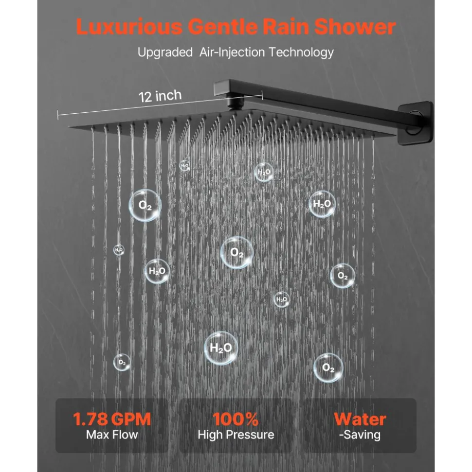 VEVOR Shower Faucet Set, Rainfall Bathroom Shower System with 12-Inch Square Rain Shower Head and Handheld Spray, Wall Mounted Bath Fixtures with Brass Valve and Trim Kit, Matte Black